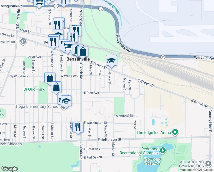 map of restaurants, bars, coffee shops, grocery stores, and more near 234 Grace Street in Bensenville