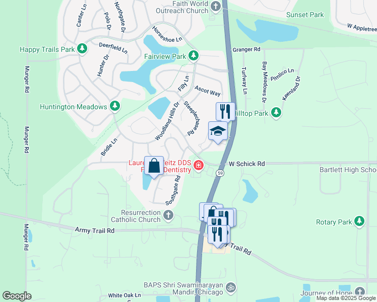 map of restaurants, bars, coffee shops, grocery stores, and more near 1531 Southgate Road in Bartlett