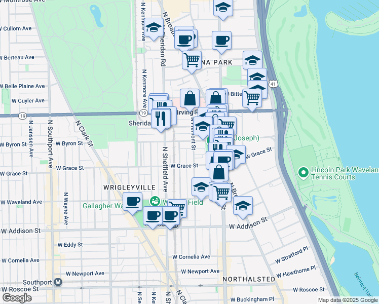 map of restaurants, bars, coffee shops, grocery stores, and more near 3824 North Fremont Street in Chicago