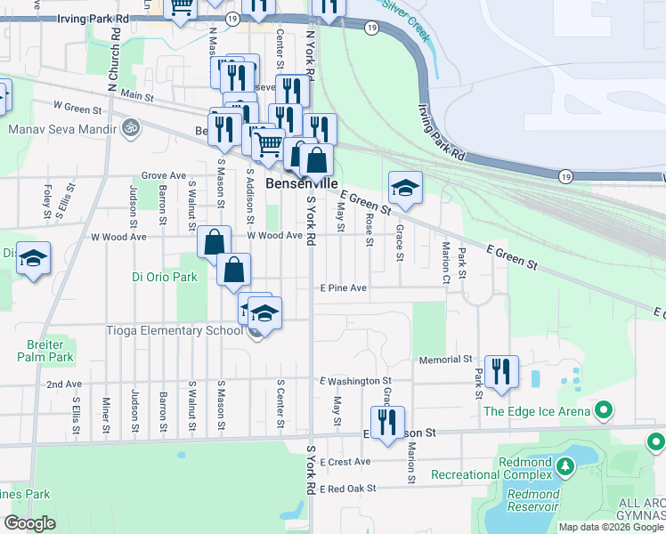map of restaurants, bars, coffee shops, grocery stores, and more near 232 May Street in Bensenville