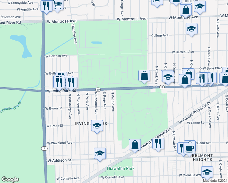 map of restaurants, bars, coffee shops, grocery stores, and more near 3953 North Pacific Avenue in Chicago