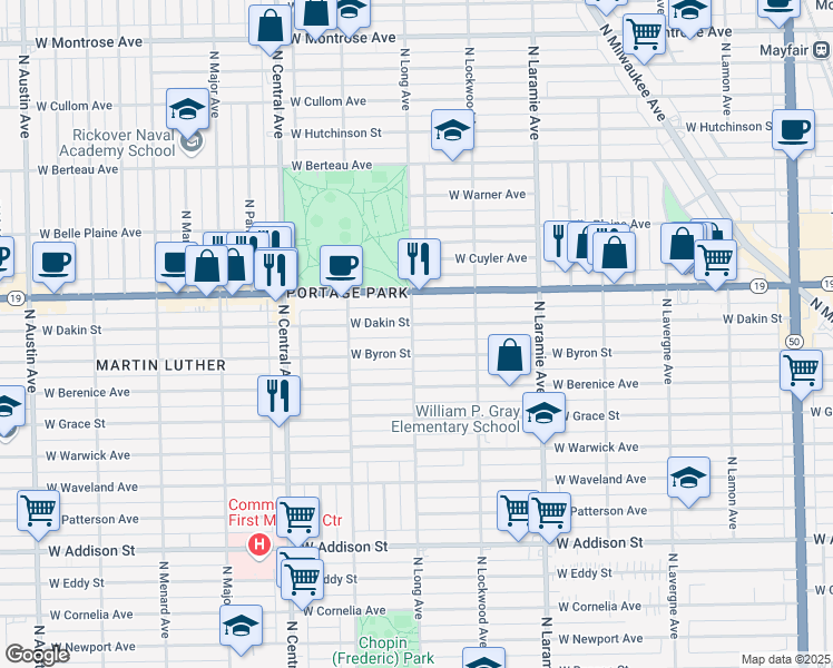 map of restaurants, bars, coffee shops, grocery stores, and more near 3919 North Long Avenue in Chicago