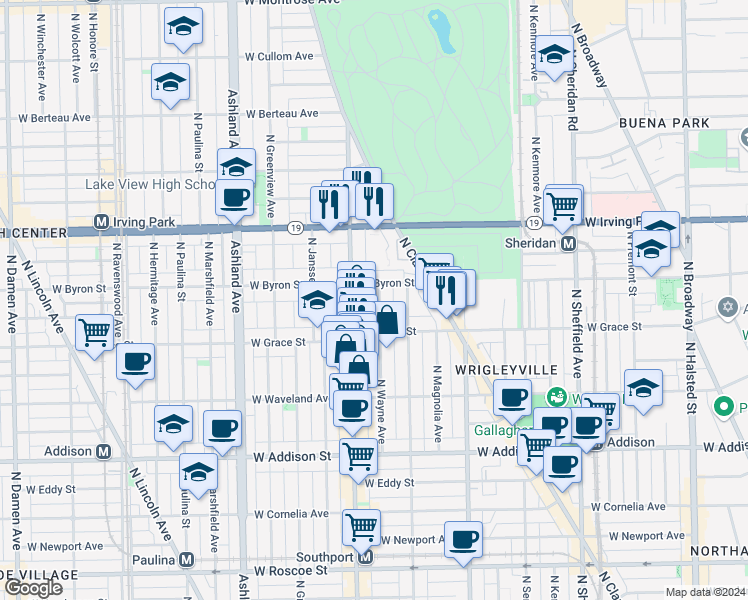 map of restaurants, bars, coffee shops, grocery stores, and more near 3832 North Wayne Avenue in Chicago