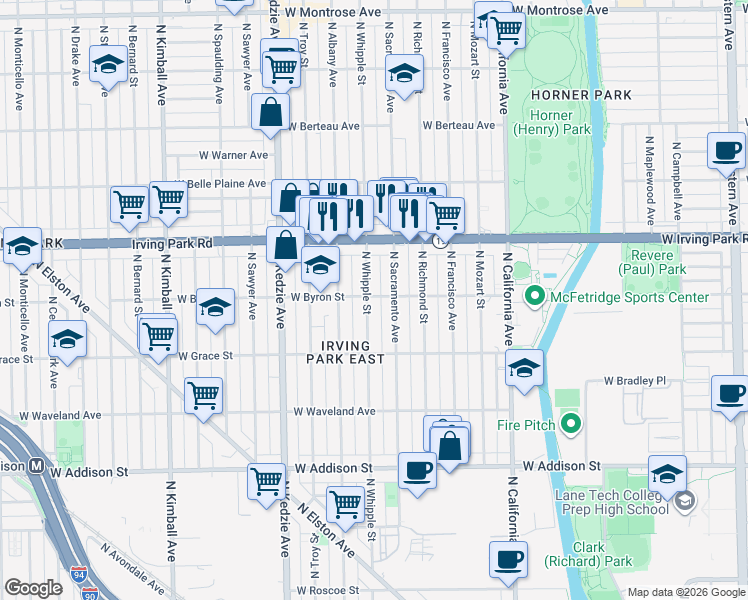 map of restaurants, bars, coffee shops, grocery stores, and more near 3856 North Sacramento Avenue in Chicago