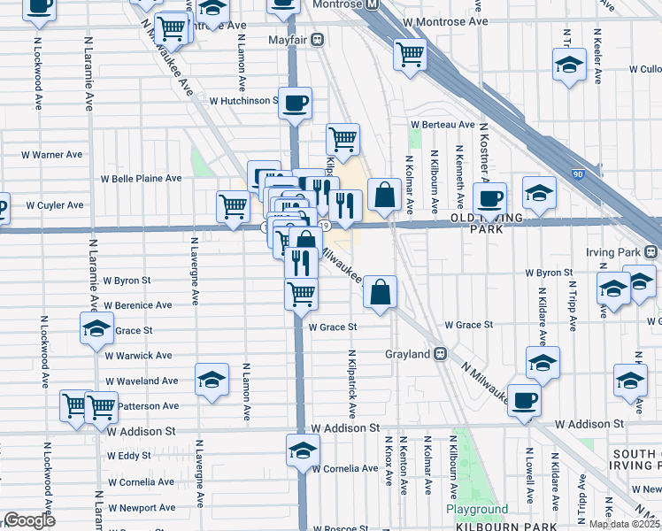 map of restaurants, bars, coffee shops, grocery stores, and more near 3930 North Milwaukee Avenue in Chicago