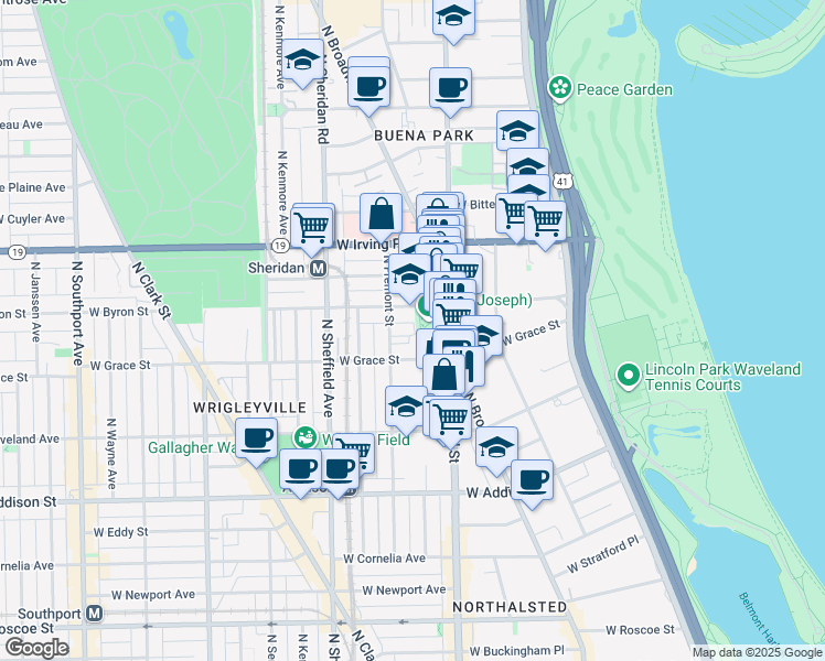 map of restaurants, bars, coffee shops, grocery stores, and more near 831 West Sheridan Road in Chicago