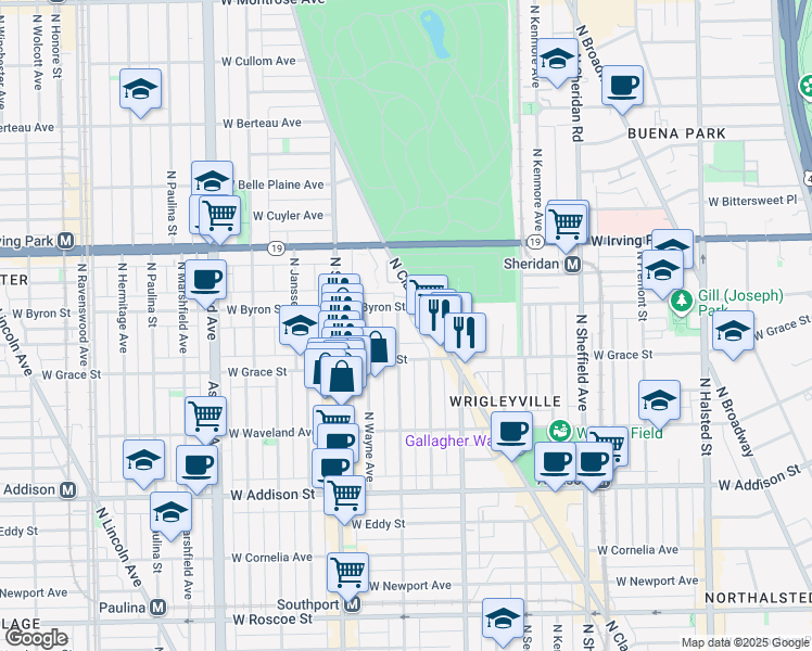 map of restaurants, bars, coffee shops, grocery stores, and more near 3833 North Lakewood Avenue in Chicago