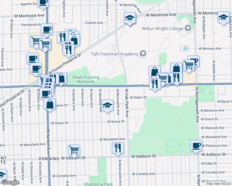 map of restaurants, bars, coffee shops, grocery stores, and more near 3936 North Newcastle Avenue in Chicago