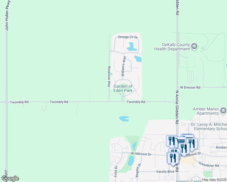 map of restaurants, bars, coffee shops, grocery stores, and more near 1300 Adam's Way in DeKalb