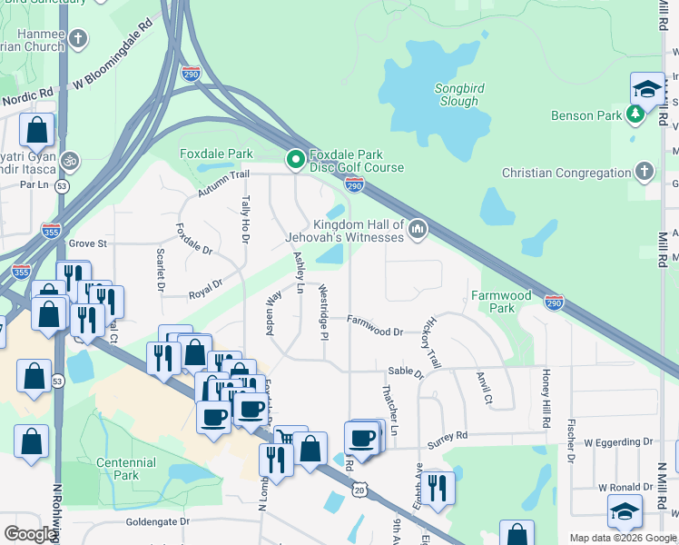 map of restaurants, bars, coffee shops, grocery stores, and more near 1272 Itasca Rd in Addison