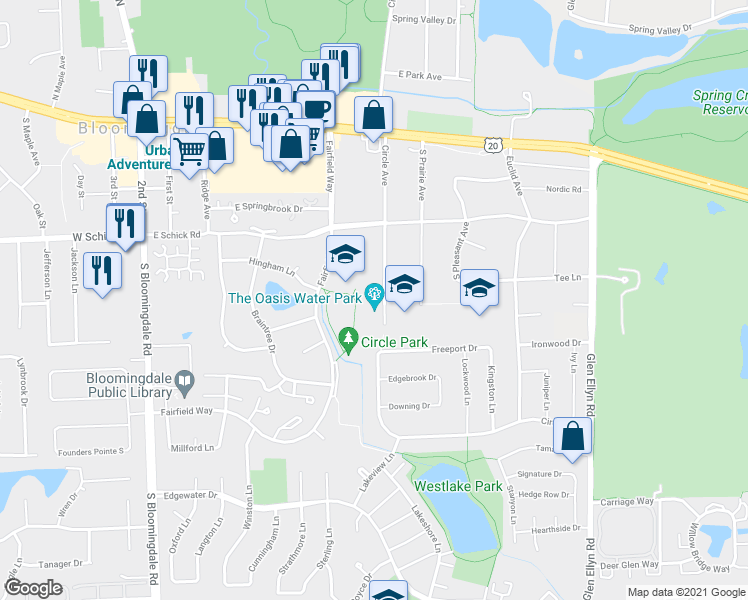 map of restaurants, bars, coffee shops, grocery stores, and more near 168 South Circle Avenue in Bloomingdale