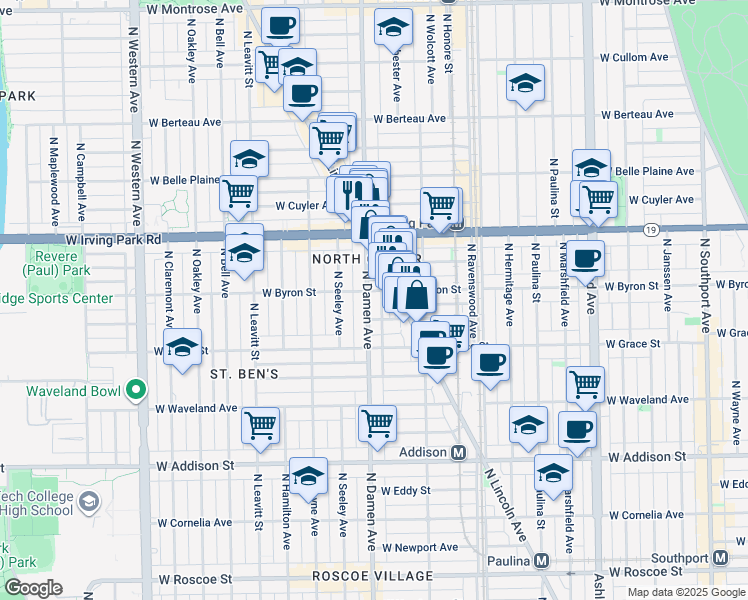 map of restaurants, bars, coffee shops, grocery stores, and more near 3853 North Damen Avenue in Chicago