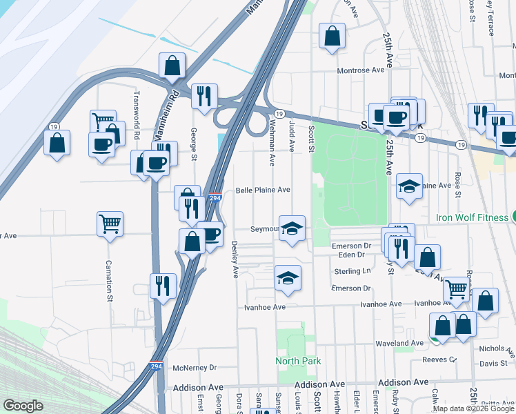 map of restaurants, bars, coffee shops, grocery stores, and more near 4027 Goss Avenue in Schiller Park