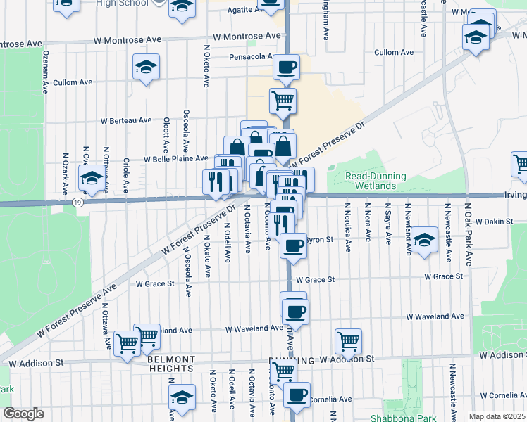 map of restaurants, bars, coffee shops, grocery stores, and more near 3944 North Oconto Avenue in Chicago