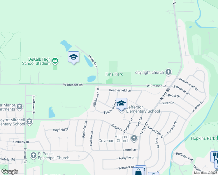 map of restaurants, bars, coffee shops, grocery stores, and more near 403 Heatherfield Lane in DeKalb