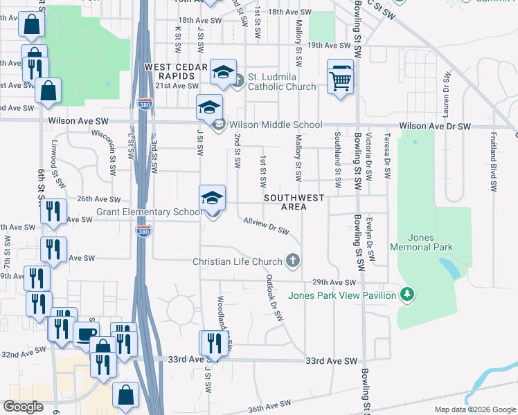 map of restaurants, bars, coffee shops, grocery stores, and more near 2604 1st Street Southwest in Cedar Rapids