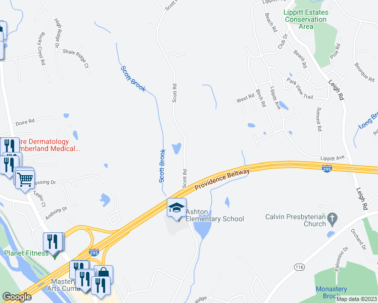 map of restaurants, bars, coffee shops, grocery stores, and more near 171 Scott Road in Cumberland
