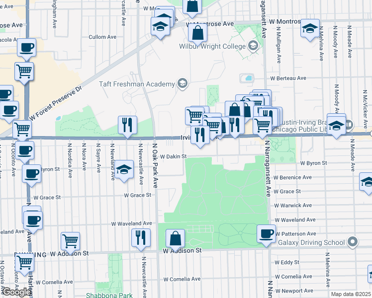 map of restaurants, bars, coffee shops, grocery stores, and more near 3955 North Normandy Avenue in Chicago