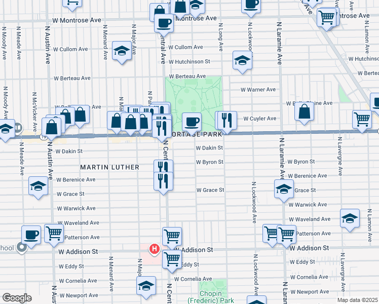 map of restaurants, bars, coffee shops, grocery stores, and more near 5509 West Dakin Street in Chicago