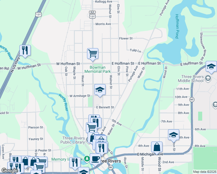 map of restaurants, bars, coffee shops, grocery stores, and more near 515 Walnut Street in Three Rivers