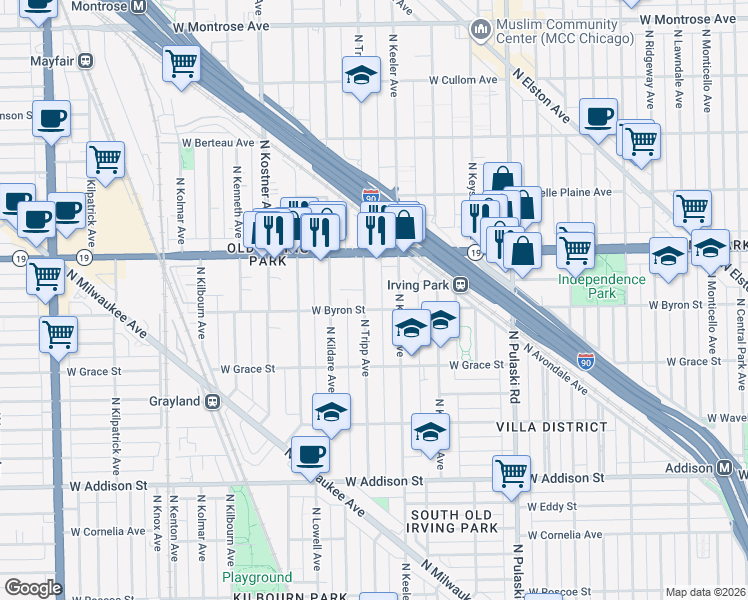 map of restaurants, bars, coffee shops, grocery stores, and more near 3907 North Tripp Avenue in Chicago
