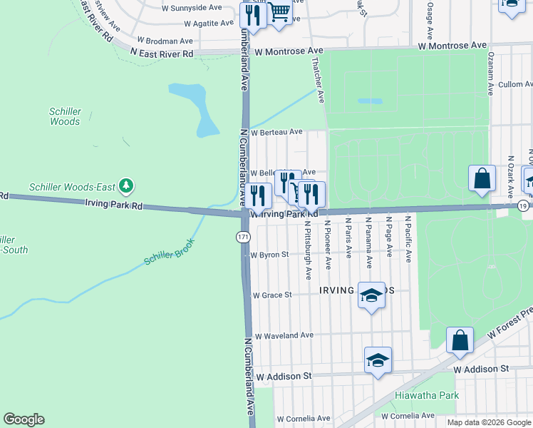 map of restaurants, bars, coffee shops, grocery stores, and more near 4000 Pontiac Avenue in Chicago