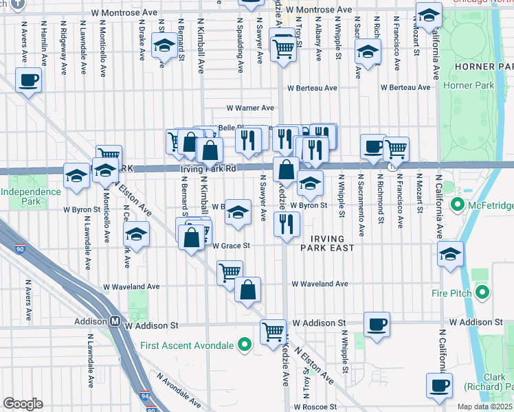 map of restaurants, bars, coffee shops, grocery stores, and more near 3252 West Byron Street in Chicago