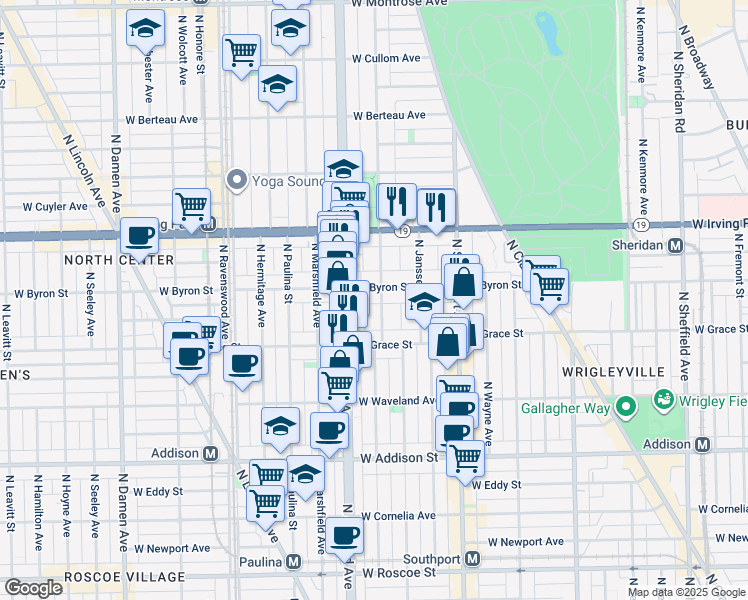 map of restaurants, bars, coffee shops, grocery stores, and more near 3845 North Greenview Avenue in Chicago
