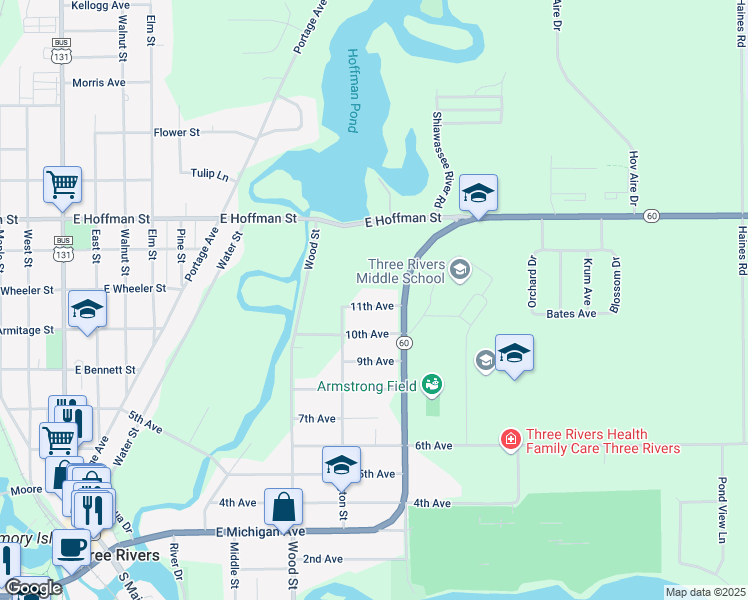 map of restaurants, bars, coffee shops, grocery stores, and more near 422 11th Avenue in Three Rivers