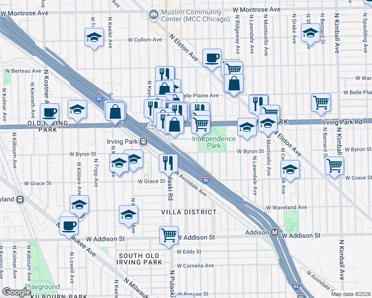map of restaurants, bars, coffee shops, grocery stores, and more near 3926 West Byron Street in Chicago