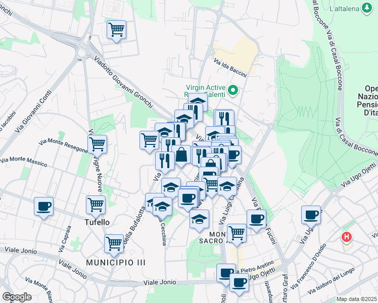 map of restaurants, bars, coffee shops, grocery stores, and more near 25 Via Nino Martoglio in Roma