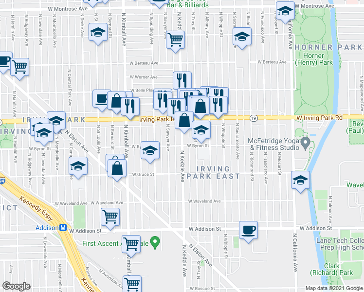 map of restaurants, bars, coffee shops, grocery stores, and more near North Kedzie Avenue & West Byron Street in Chicago