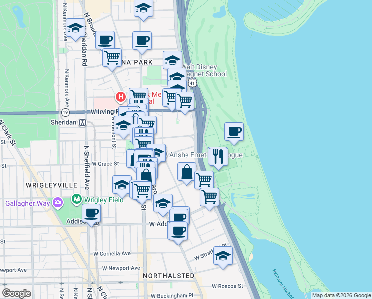 map of restaurants, bars, coffee shops, grocery stores, and more near 635w West Grace Street in Chicago
