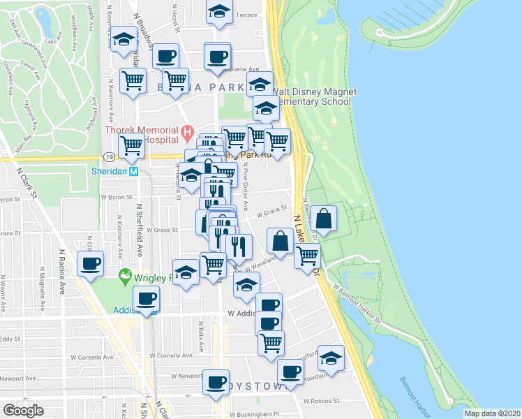 map of restaurants, bars, coffee shops, grocery stores, and more near 635w West Grace Street in Chicago