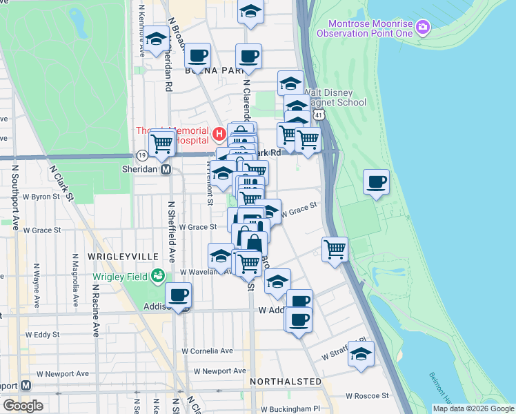 map of restaurants, bars, coffee shops, grocery stores, and more near 3823 North Broadway in Chicago