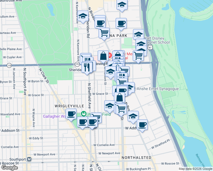 map of restaurants, bars, coffee shops, grocery stores, and more near 3824 North Fremont Street in Chicago
