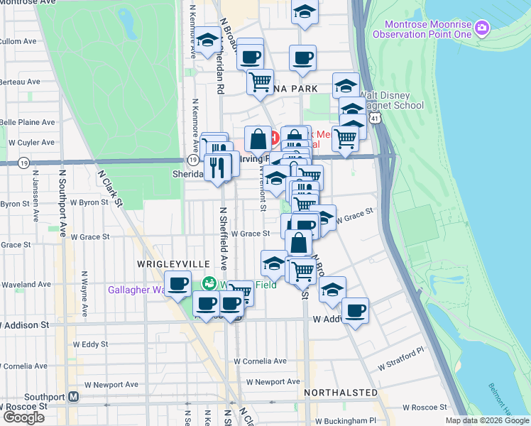 map of restaurants, bars, coffee shops, grocery stores, and more near 3824 North Fremont Street in Chicago