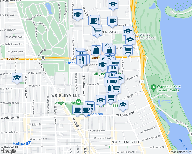 map of restaurants, bars, coffee shops, grocery stores, and more near 3824 North Fremont Street in Chicago