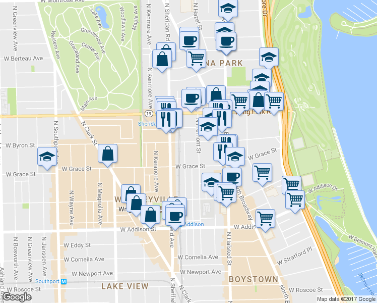 map of restaurants, bars, coffee shops, grocery stores, and more near 3824 North Fremont Street in Chicago