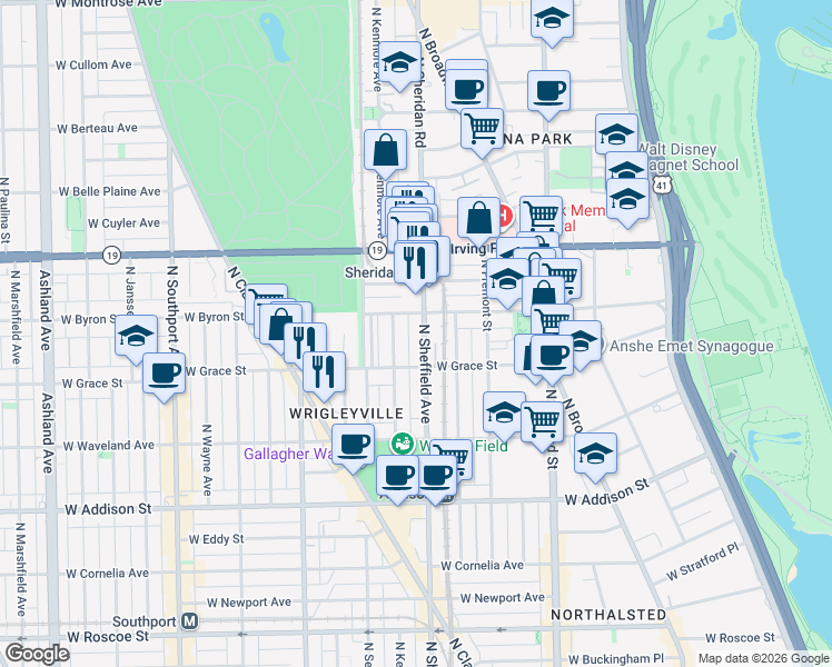 map of restaurants, bars, coffee shops, grocery stores, and more near 1017 West Byron Street in Chicago