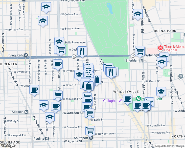 map of restaurants, bars, coffee shops, grocery stores, and more near 3832 North Wayne Avenue in Chicago