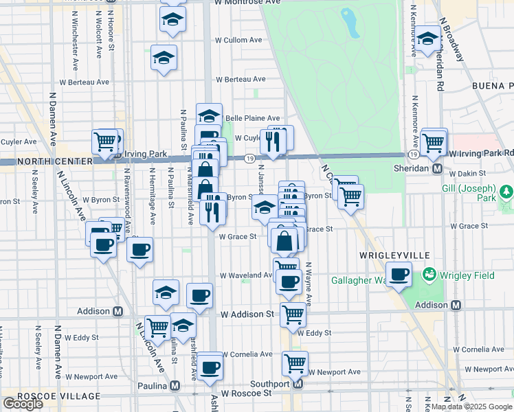 map of restaurants, bars, coffee shops, grocery stores, and more near 3846 North Janssen Avenue in Chicago
