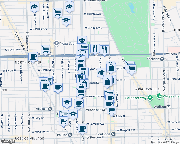 map of restaurants, bars, coffee shops, grocery stores, and more near 3845 North Greenview Avenue in Chicago