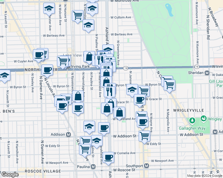map of restaurants, bars, coffee shops, grocery stores, and more near 3840 North Ashland Avenue in Chicago