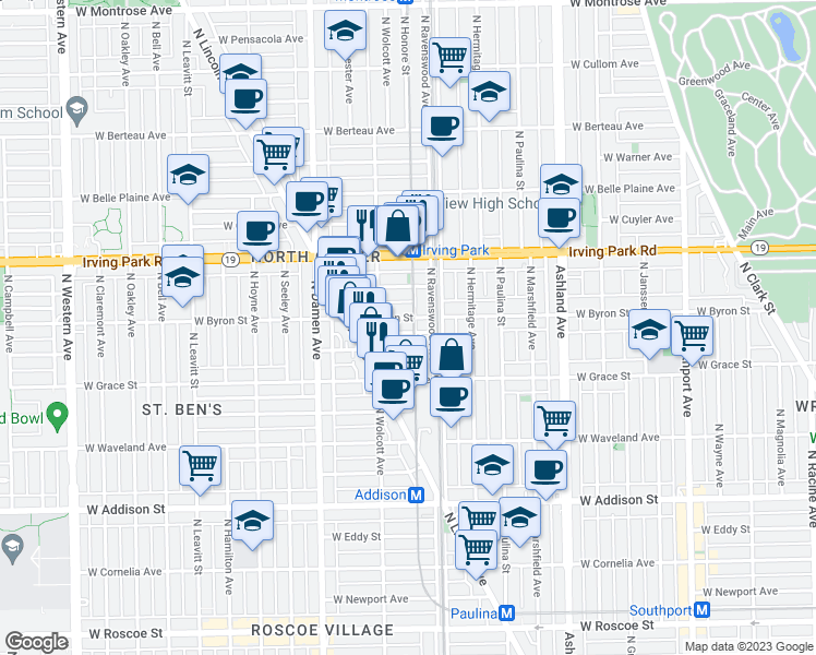 map of restaurants, bars, coffee shops, grocery stores, and more near 1817 West Byron Street in Chicago