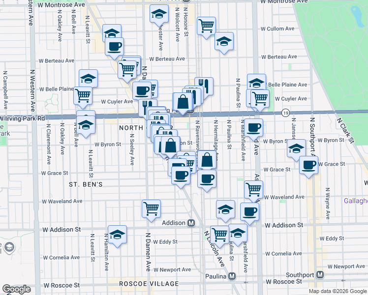 map of restaurants, bars, coffee shops, grocery stores, and more near 1817 West Byron Street in Chicago