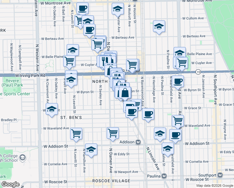 map of restaurants, bars, coffee shops, grocery stores, and more near 3868 North Lincoln Avenue in Chicago