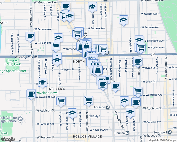 map of restaurants, bars, coffee shops, grocery stores, and more near 3868 North Lincoln Avenue in Chicago