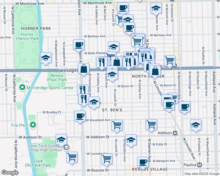 map of restaurants, bars, coffee shops, grocery stores, and more near 3848 North Leavitt Street in Chicago