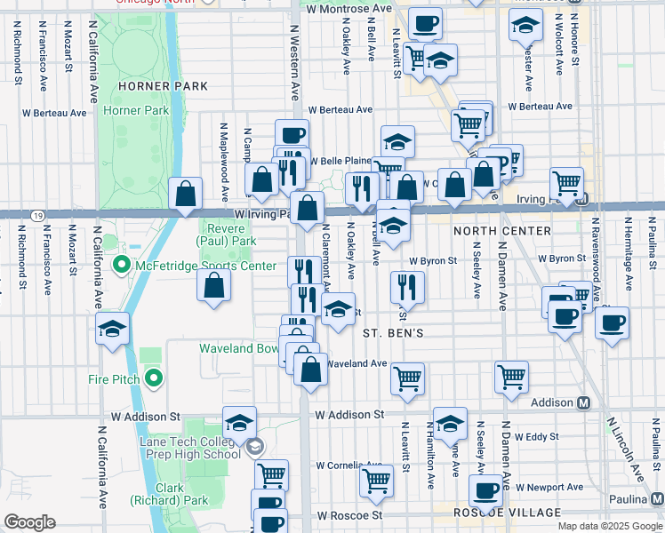 map of restaurants, bars, coffee shops, grocery stores, and more near 3855 North Claremont Avenue in Chicago